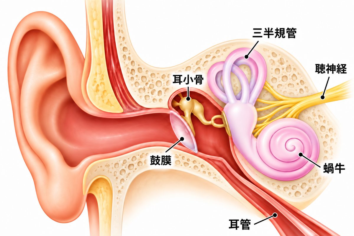 耳の断面イラスト。鼓膜、耳小骨、三半規管、蝸牛、聴神経、耳管の位置を示している